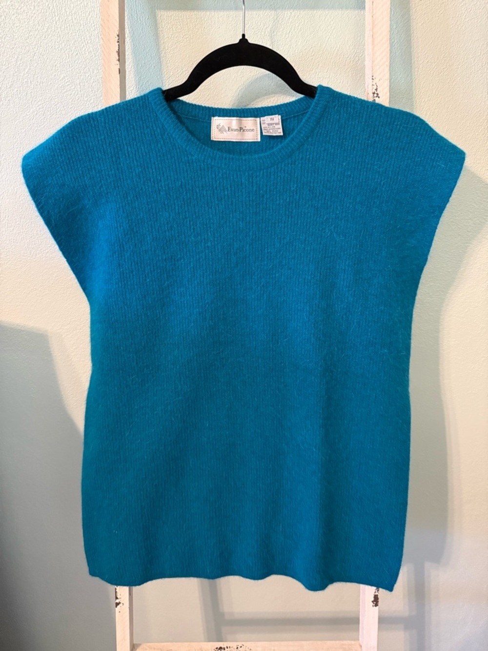 Vintage 90s Teal Evan Picone Lambswool Angora Rabbit Hair Sweater Top Size S